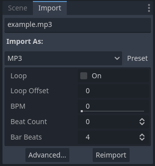 Import options in the Import dock after selecting an MP3 file in the FileSystem dock